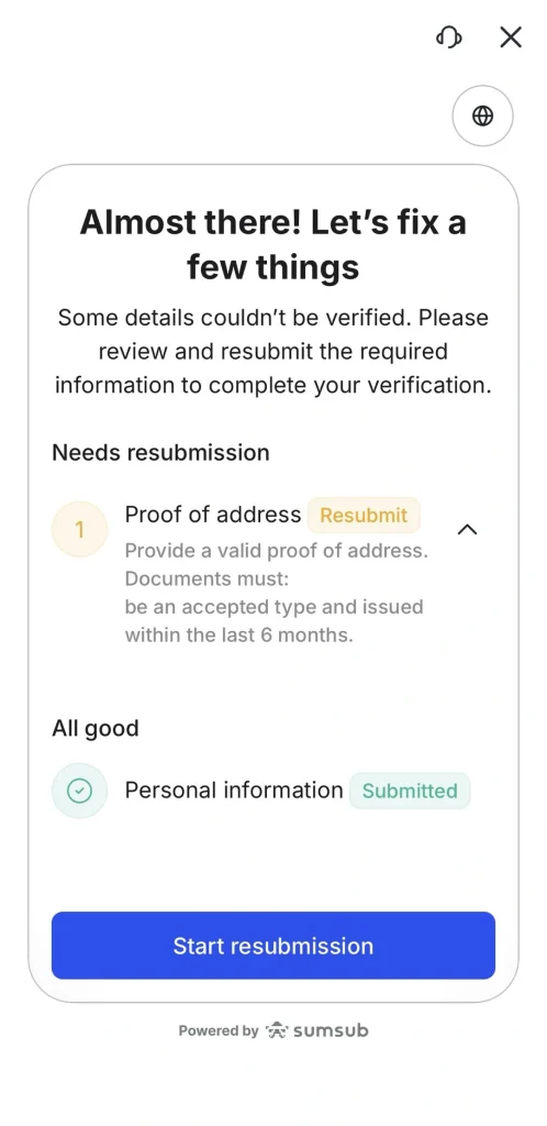 image 22 VT Markets Verification screen some details couldnt be verified and you need to resubmit proof of address shows a Start resubmission button and a Personal information Submitted badge Sumsub watermark