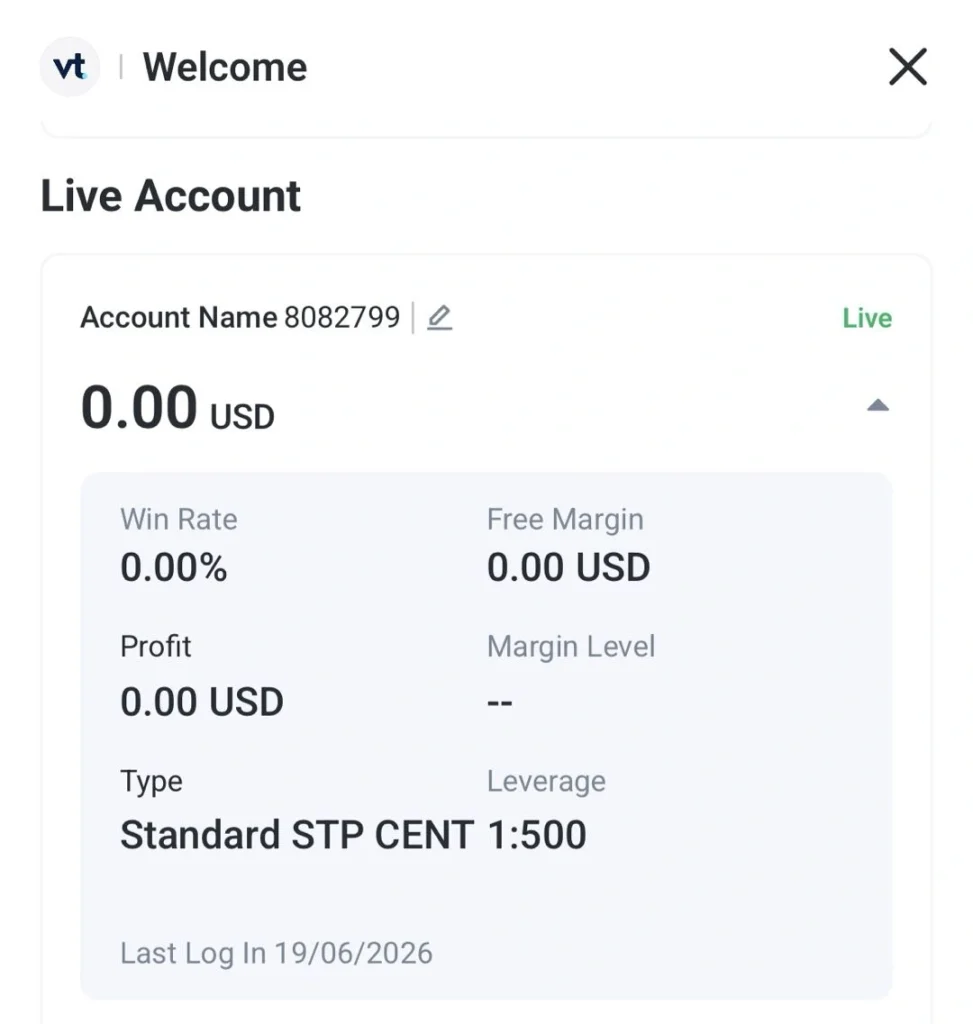 image 23 VT Markets Mobile app screen labeled Live Account showing account name 8082799 balance 000 USD leverage 1500 type Standard STP CENT last log in 19062026