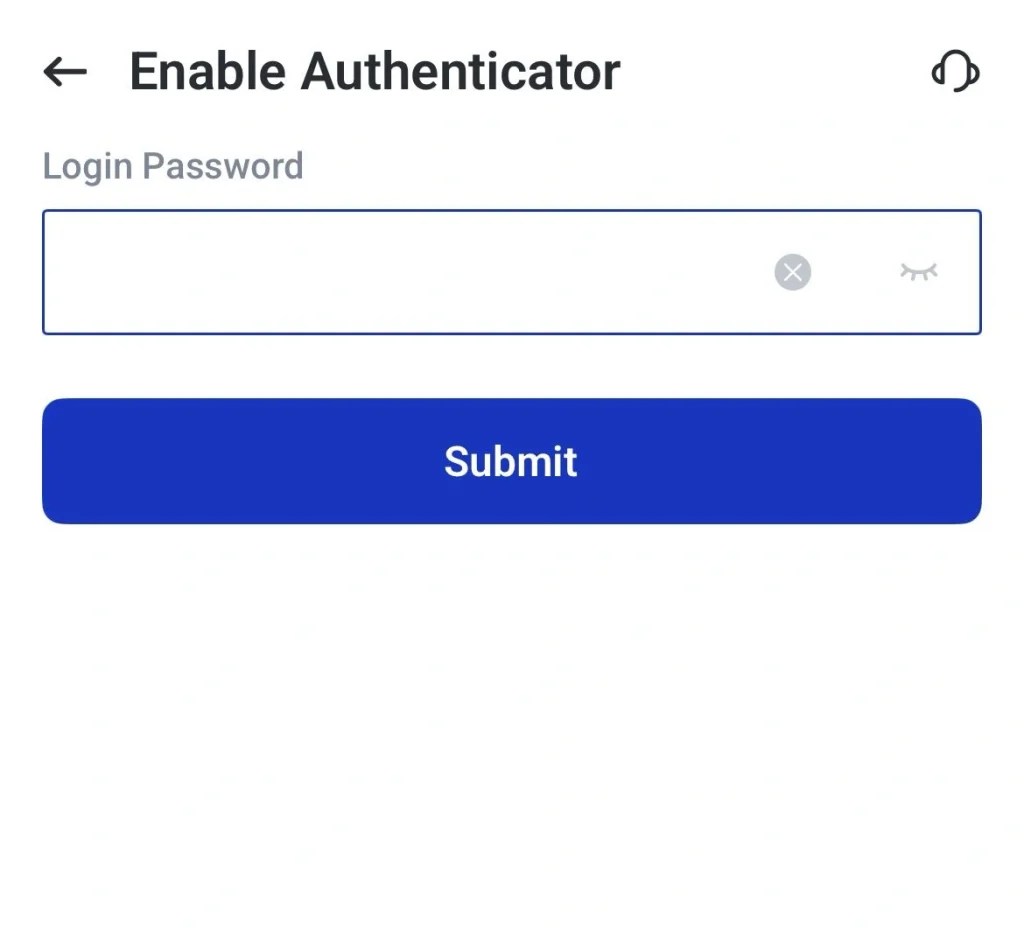 image 24 VT Markets Enable Authenticator screen with a password field and a large blue Submit button on a mobile UI Consider back button and icons for clearvisibility inside the field