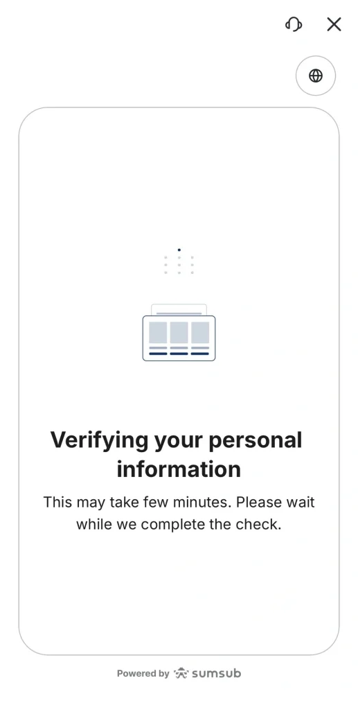 image 24 VT Markets Screen showing a Verifying your personal information verification step with a document icon and loading dots on a mobile UI Bottom shows Powered by sumsub