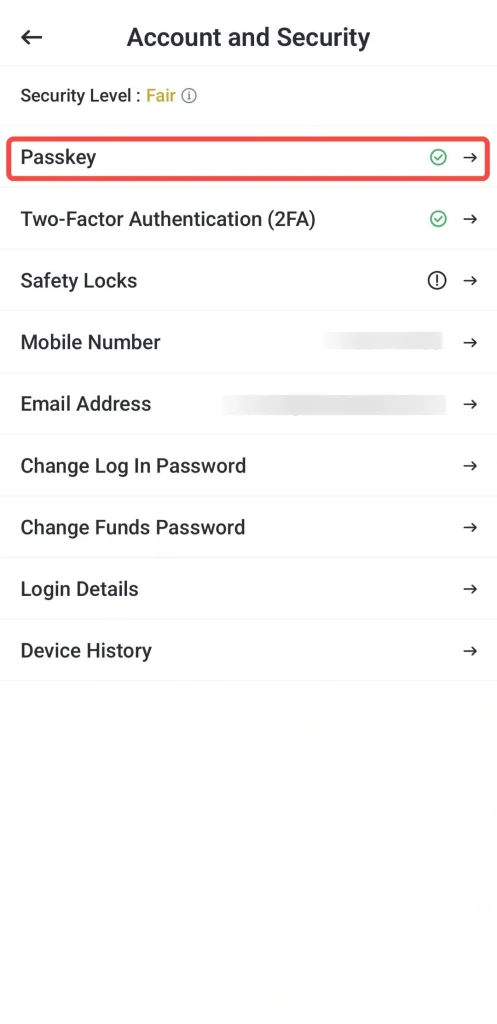 image 26 VT Markets Account and Security settings screen with Passkey highlighted under Security Level Fair plus options like 2FA Safety Locks Mobile Number Email and Password changes