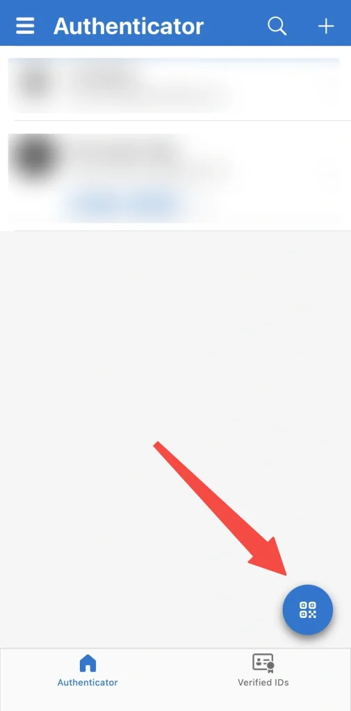 image VT Markets Screenshot of a mobile Authenticator app blue header Authenticator at top two blurred list items and a blue circular action button with a QR code icon near the bottom right likely to add or scan a code
