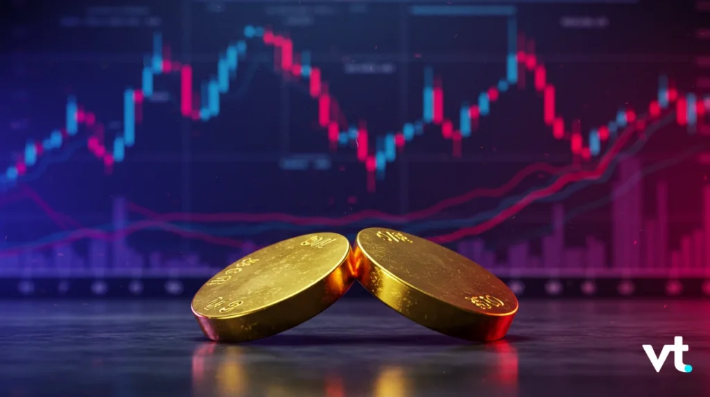 Two gold coins rest on a reflective surface with a colorful stock market chart in the background, conveying finance.