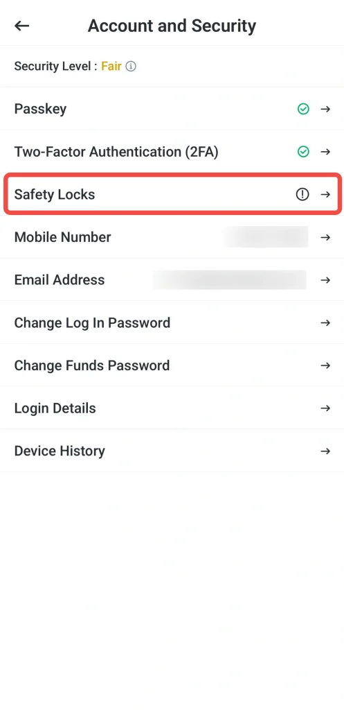 image 29 VT Markets Account and Security settings screen listing Security Level Fair Passkey 2FA Safety Locks highlighted with alert icon Mobile Number Email Address Change Passwords Login Details Device History