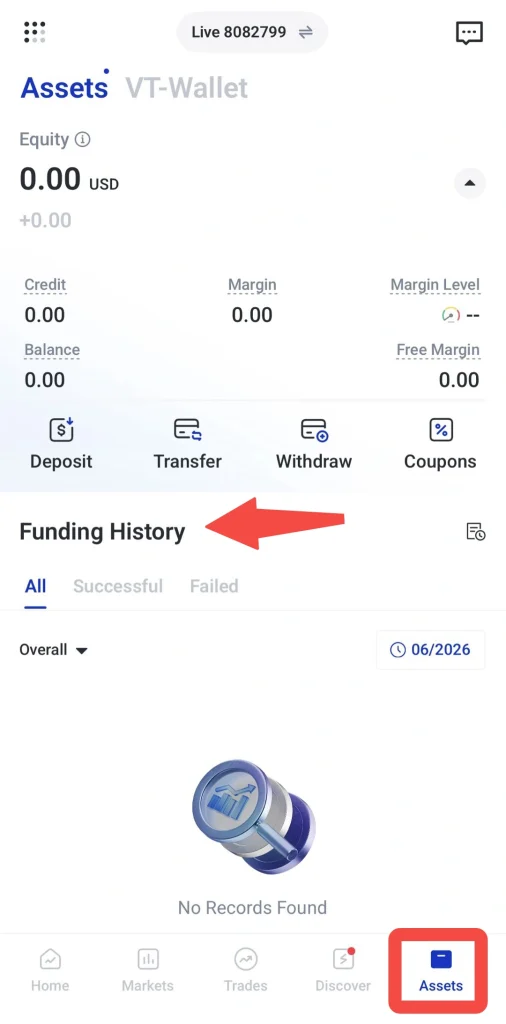 image 3 VT Markets Assets screen with 000 USD balance and action buttons Deposit Transfer Withdraw Coupons Funding History reads No Records Found