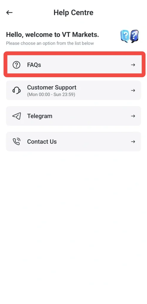image 3 VT Markets Help Centre screen showing options FAQs highlighted Customer Support Telegram and Contact Us