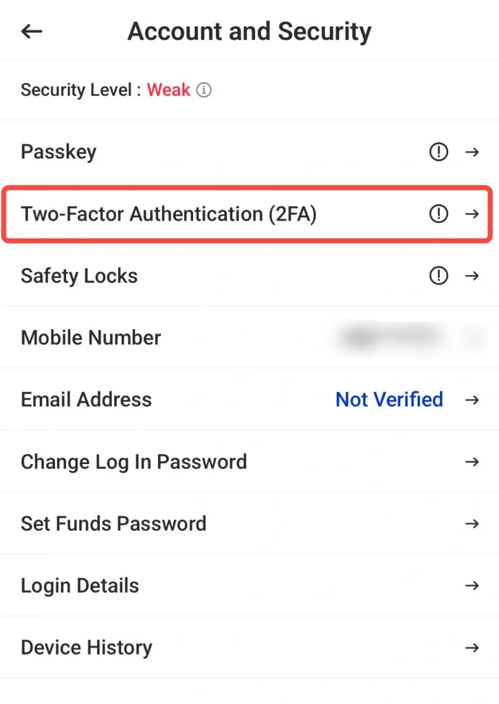 image 3 VT Markets Screen showing Account and Security settings with a highlighted Two Factor Authentication 2FA row and a list of options Security Level Weak Passkey 2FA Safety Locks Mobile Number Email Address Not Verified Change Password Funds Password Login Details Device History