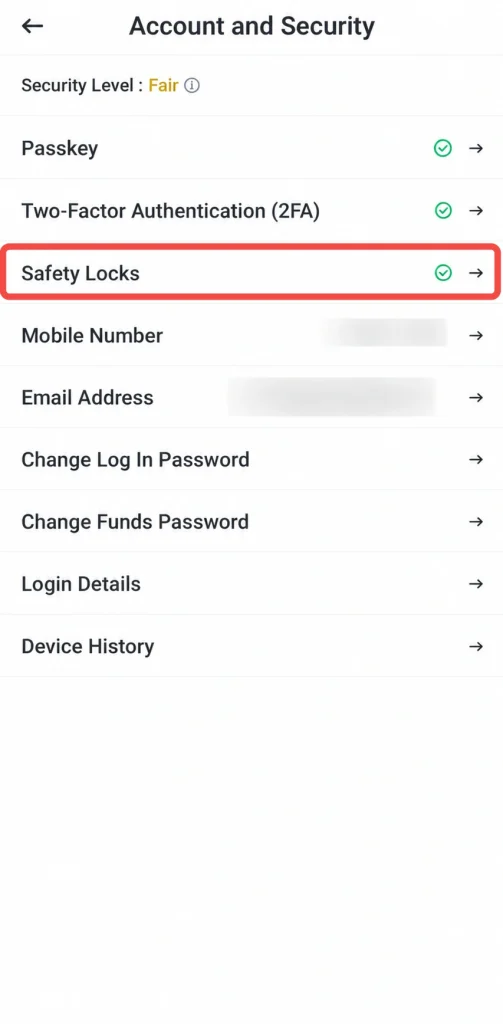 image 32 VT Markets Account and Security settings screen Safety Locks is highlighted
