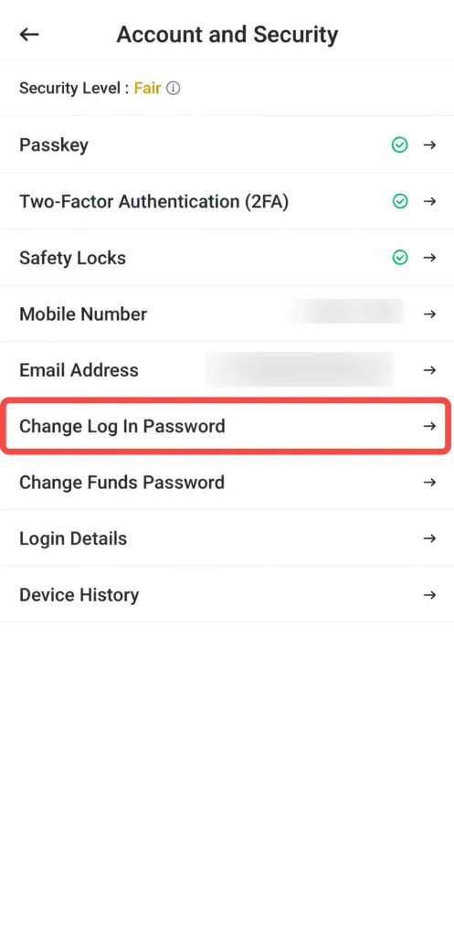 image 34 VT Markets Account and Security settings screen with Change Log In Password as a tappable option highlighted in focus