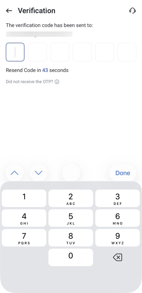 image 35 VT Markets Verification screen with six input boxes for the code keypad below and a Done button