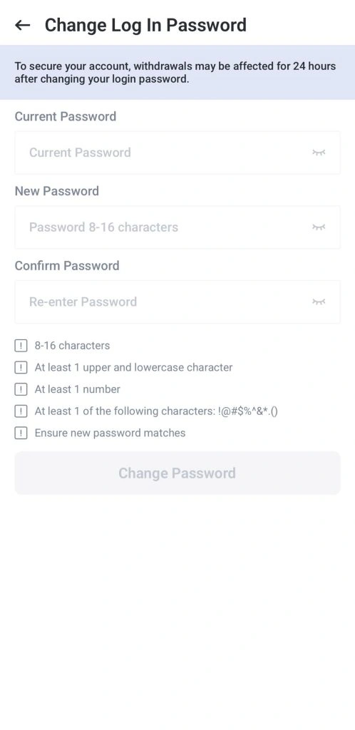 image 36 VT Markets Change password screen with fields for Current Password New Password and Confirm Password and a list of requirements below