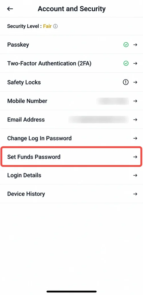 image 37 VT Markets Screen showing Account and Security settings highlighted option Set Funds Password
