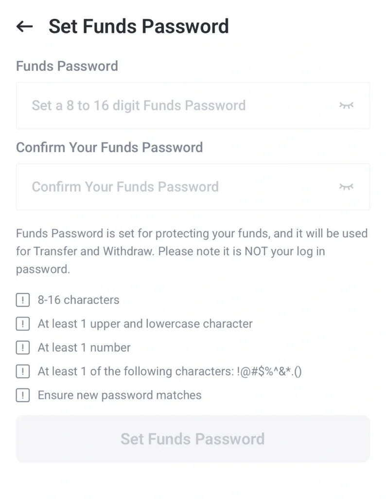 image 38 VT Markets Funds Password setup screen with two input fields and a list of password requirements 816 chars upper and lower case a number and special characters and a disabled Set Funds Password button