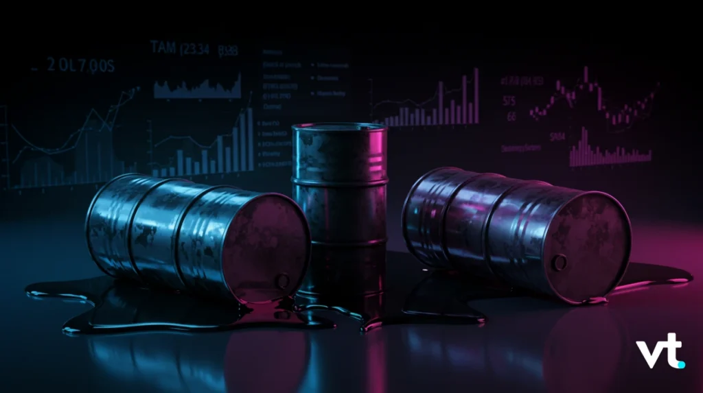 image - VT Markets Three metal oil barrels on a dark reflective surface, illuminated by blue and pink neon light with stock market charts in the background (VT logo is visible).