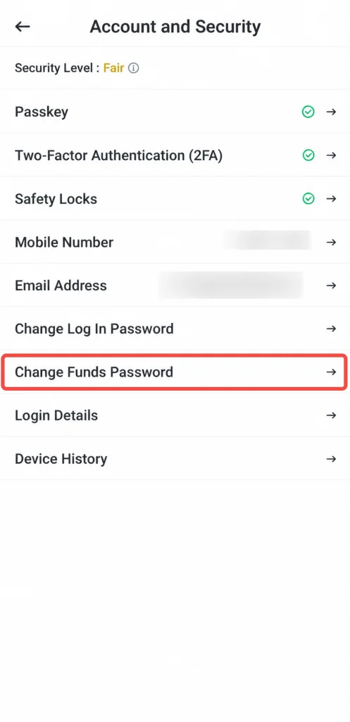 image 39 VT Markets Account and Security settings screen listing options Passkey Two Factor Authentication Safety Locks Mobile Number Email Address Change Log In Password Change Funds Password Login Details Device History