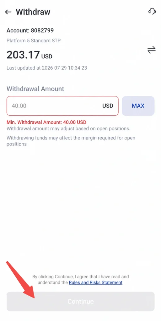 image 4 VT Markets Withdrawal screen for account 8082799 balance 20317 USD enter amount with 40 USD minimum Continue button at bottom disabled