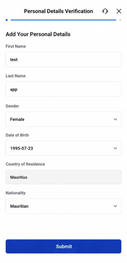 image 4 VT Markets Screen shows a personal details verification form with fields for name gender birth date residence nationality and a Submit button