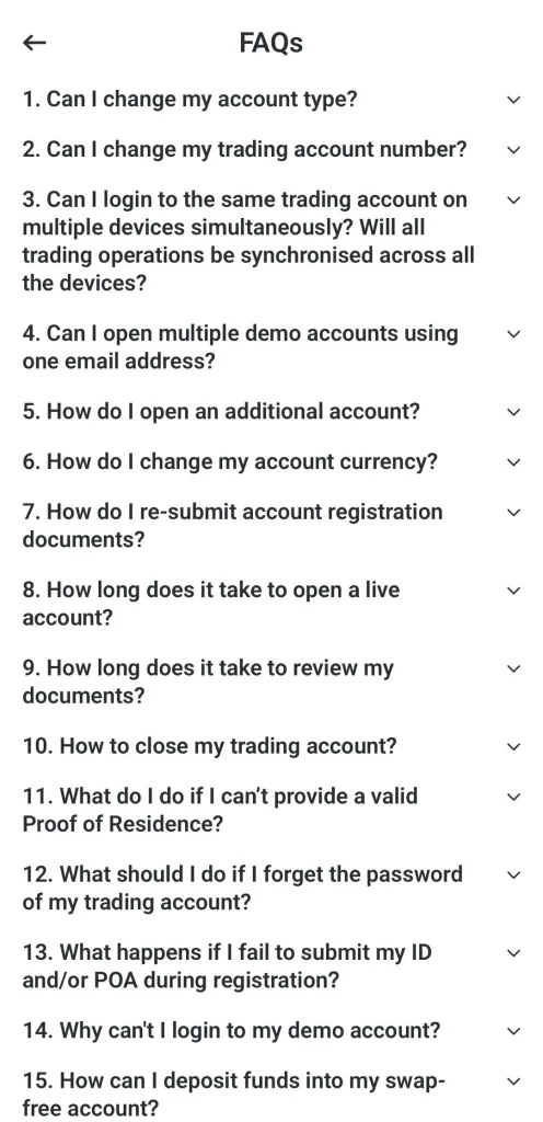 image 4 VT Markets FAQ screen with a back arrow and a list of questions under the title FAQs including items like Can I change my account type and How do I open a live account