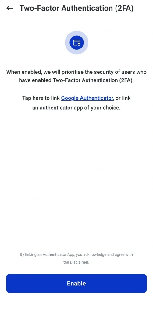 image 4 VT Markets Two Factor Authentication setup screen with a circular icon explanatory text about linking Google Authenticator and a blue Enable button below