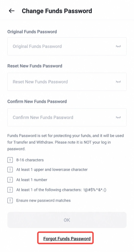 image 41 VT Markets Change Funds Password screen with three fields Original Reset and Confirm Funds Password Forgot Funds Password link at bottom