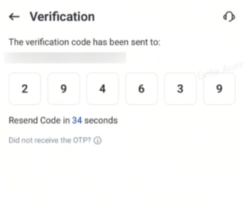 image 42 VT Markets Verification screen with six digit code input showing 2 9 4 6 3 9 timer says resend in 34 seconds Did not receive the OTP link present