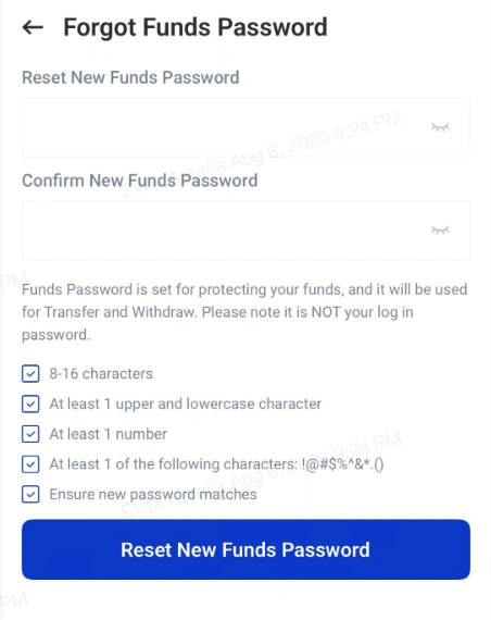 image 43 VT Markets Forgot Funds Password screen with two password fields helper text five checked password rules and a blue Reset New Funds Password button