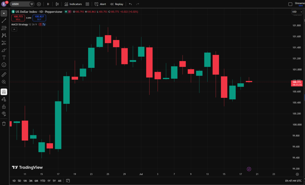 image VT Markets Daily candlestick chart of the US Dollar Index USDX on TradingView showing price swings around 1007 with green bullish and red bearish candles