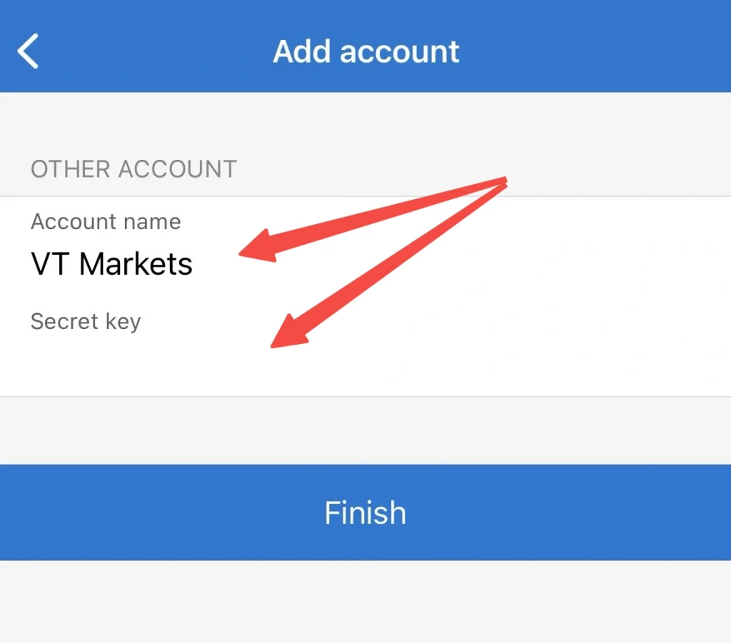 image 5 VT Markets Add account screen showing fields Account name VT Markets and Secret key with red arrows pointing to each field