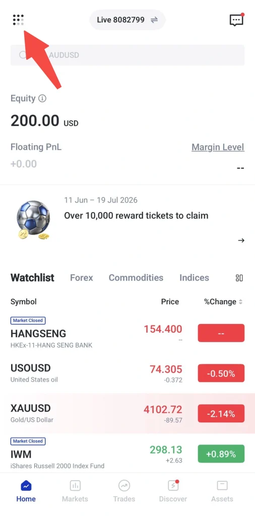image VT Markets Mobile trading app home equity 200 USD PnL +000 floating PnL and a watchlist with market quotes like HANGSENG USOUSD XAUUSD bottom navigation visible