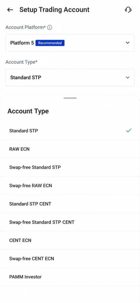 image 6 VT Markets Setup Trading Account screen showing Platform 5 Recommended and Standard STP as Account Type with a dropdown list of options below