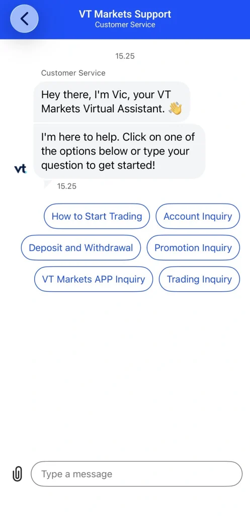 image 6 VT Markets Chat screen from VT Markets Support Vic introduces the virtual assistant with eight menu options like How to Start Trading and Account Inquiry
