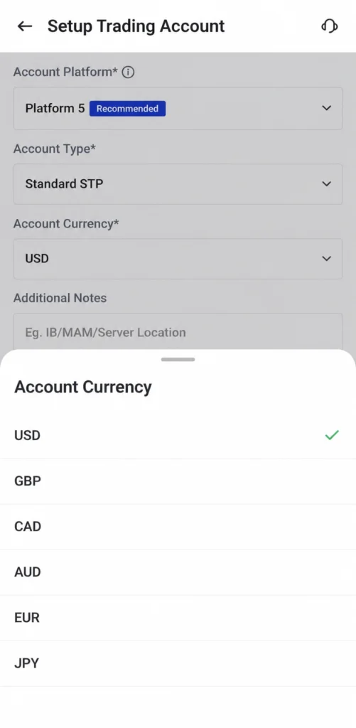 image 7 VT Markets Mobile form titled Setup Trading Account with Platform 5 Standard STP USD currency and notes currency picker open showing USD selected and others GBP CAD AUD EUR JPY