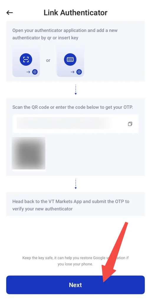 image 7 VT Markets Screen titled Link Authenticator showing setup steps with QROTP instructions and a large blue Next button at the bottom