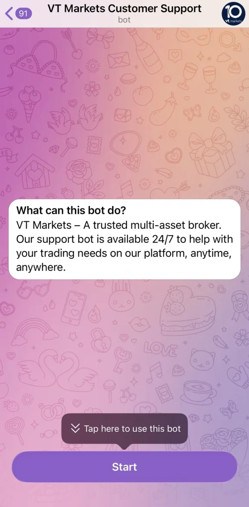 image 8 VT Markets Intro screen for VT Markets Customer Support bot with pastel doodle background header reads VT Markets Customer Support bot large rounded speech bubble explains 247 help for trading needs bottom Start button visible