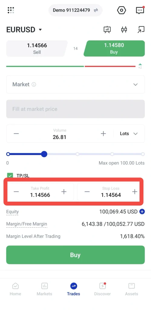 image 9 VT Markets Trading app screen showing a Buy price on the right and Take ProfitStop Loss controls highlighted in red with TP 114566 and SL 114564 for EURUSD