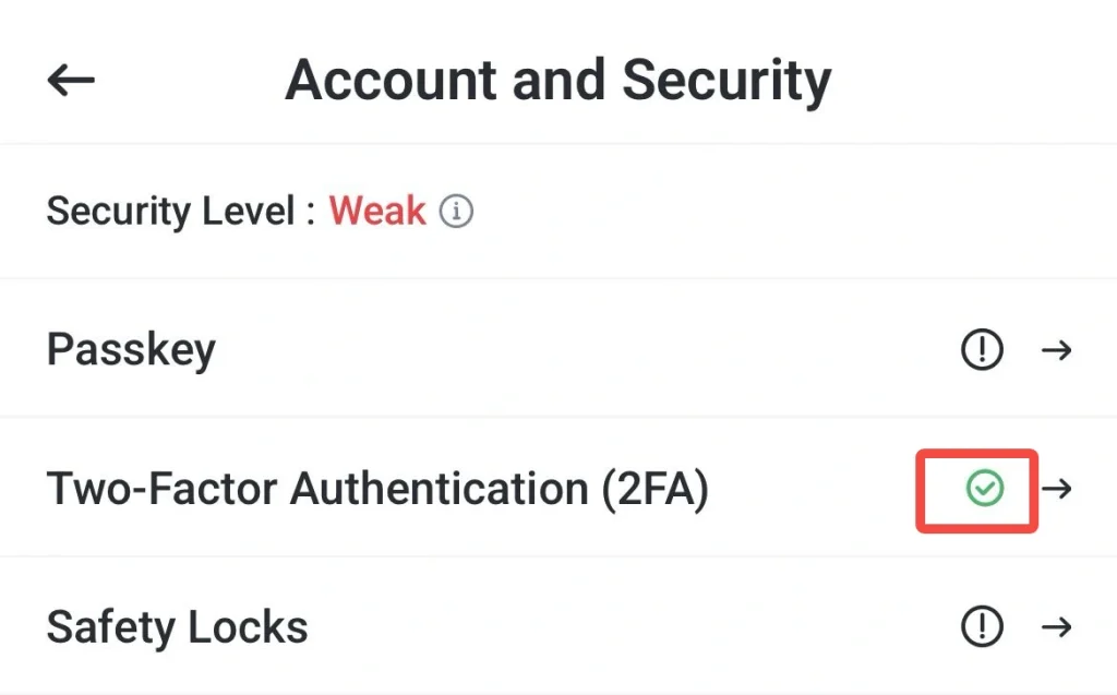 image 9 VT Markets Account and Security settings list with Security Level shown as Weak Passkey option and Two Factor Authentication 2FA showing a green check enabled Safety Locks option also listed