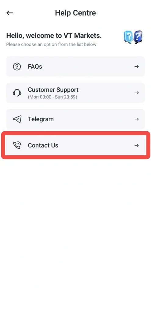 image 9 VT Markets Help Centre screen showing options FAQs Customer Support Telegram and Contact Us highlighted