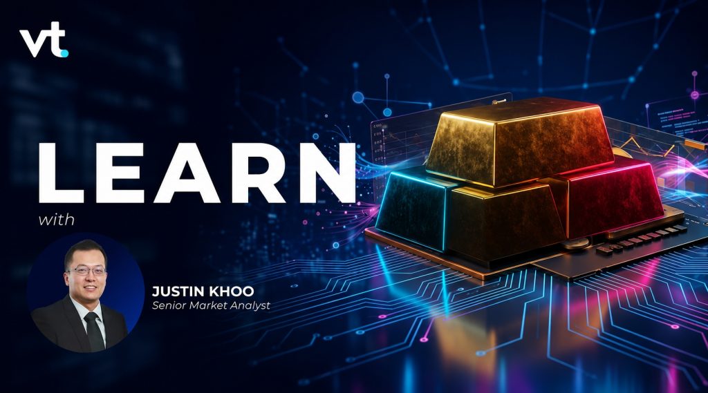 Promotional hero banner for 'LEARN with Justin Khoo' showing Justin Khoo's portrait, vt logo, and colorful gold bars on a circuit background.