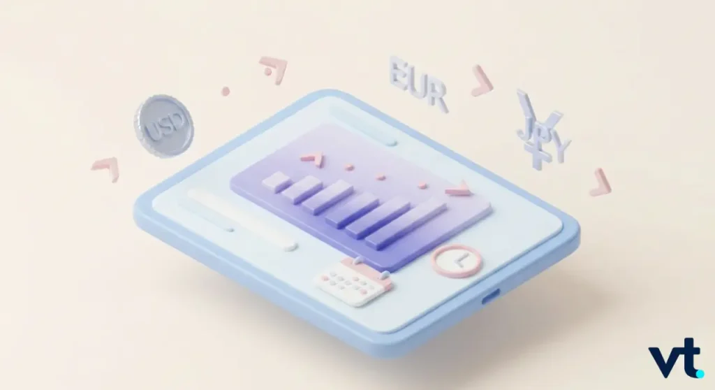 - VT Markets Pastel 3D illustration of a tablet showing a bar chart, with floating currency symbols (USD, EUR, JPY) around it and a small VT logo bottom right, conveys fintech concept.