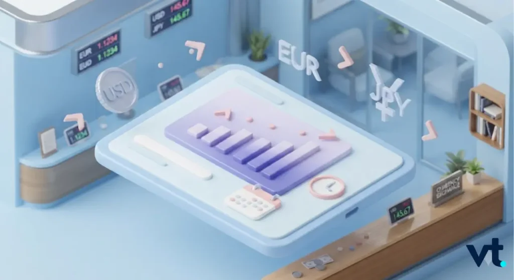 - VT Markets 3D pastel currency exchange desk with EUR, USD, and JPY symbols and a purple bar chart on a touchpad, plus a calculator nearby.