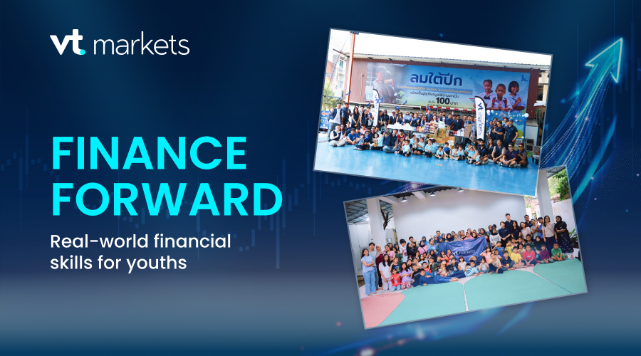 VT Markets banner: 'FINANCE FORWARD' promoting real-world financial skills for youths, with two group photos of participants at events.