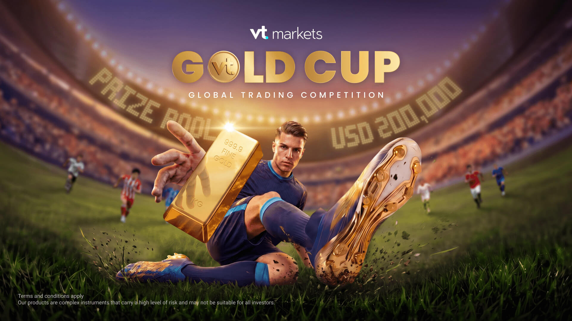 Promo image for VT Markets Gold Cup: a footballer kicks a large gold bar across a stadium backdrop.