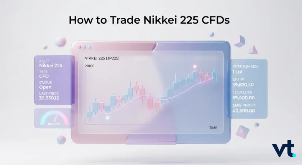 - VT Markets How to trade Nikkei 225 CFDs: futuristic dashboard showing price chart and position details.