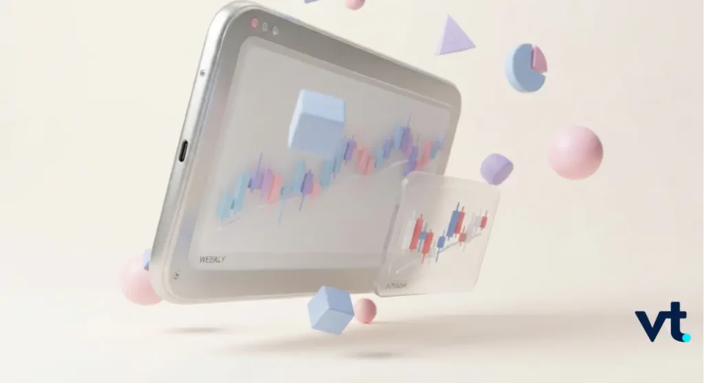 - VT Markets Tablet displaying colorful candlestick charts with a floating translucent card, surrounded by pastel 3D shapes; VT logo bottom right.