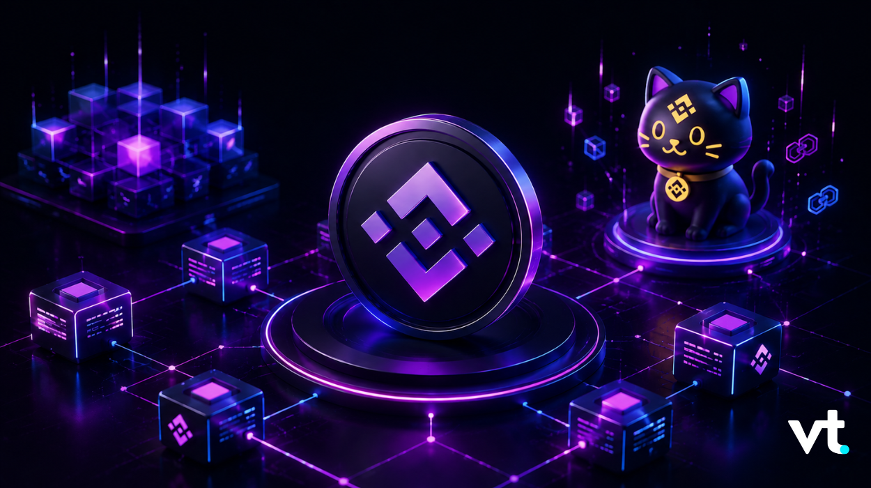 BNBUSD VT Markets Neon blockchain scene with a central purple token on a glowing platform surrounded by interconnected cubes and a cat statue in the background