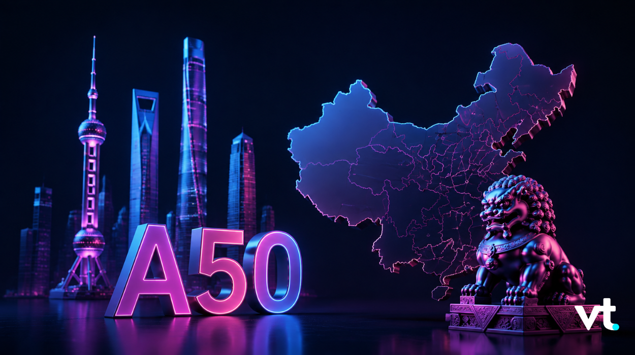 ChinaA50 VT Markets Neon lit scene with a glowing pink and blue A50 sculpture beside a neon map of China and a guardian lion set against a futuristic city skyline vt logo