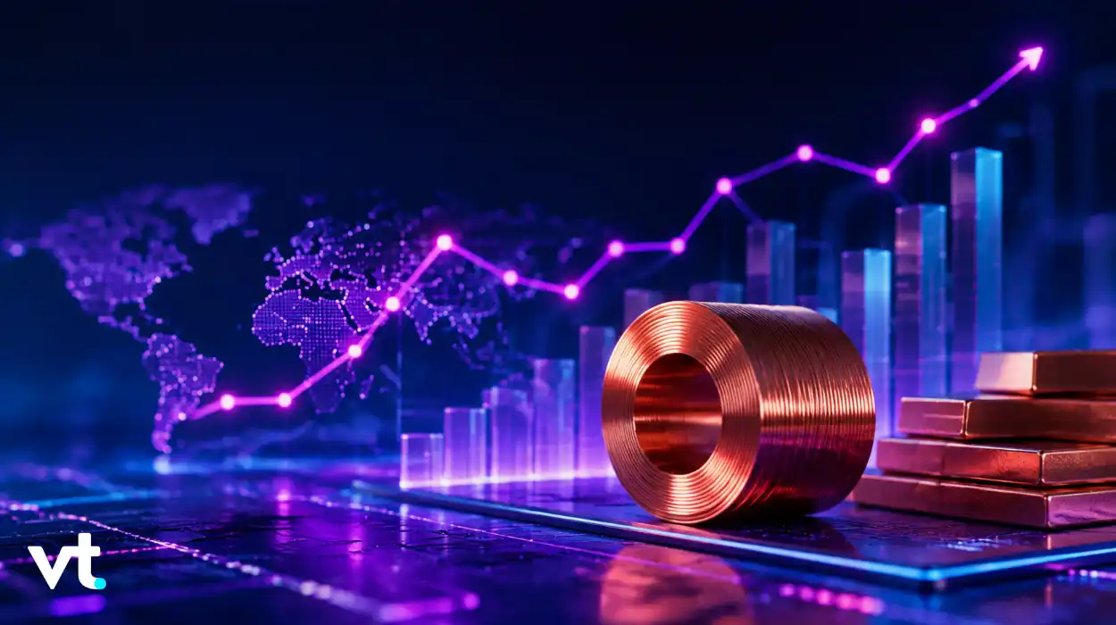Copper coil and stacked gold bars on a glowing financial chart with a rising trend line over a world map backdrop, in purple hues.