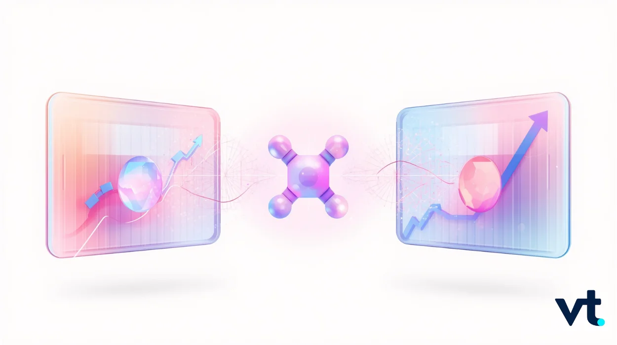 ModernaMerckpharma VT Markets Abstract illustration of two glassy dashboards with rising graphs connected by a purple molecular structure to symbolize data transfer