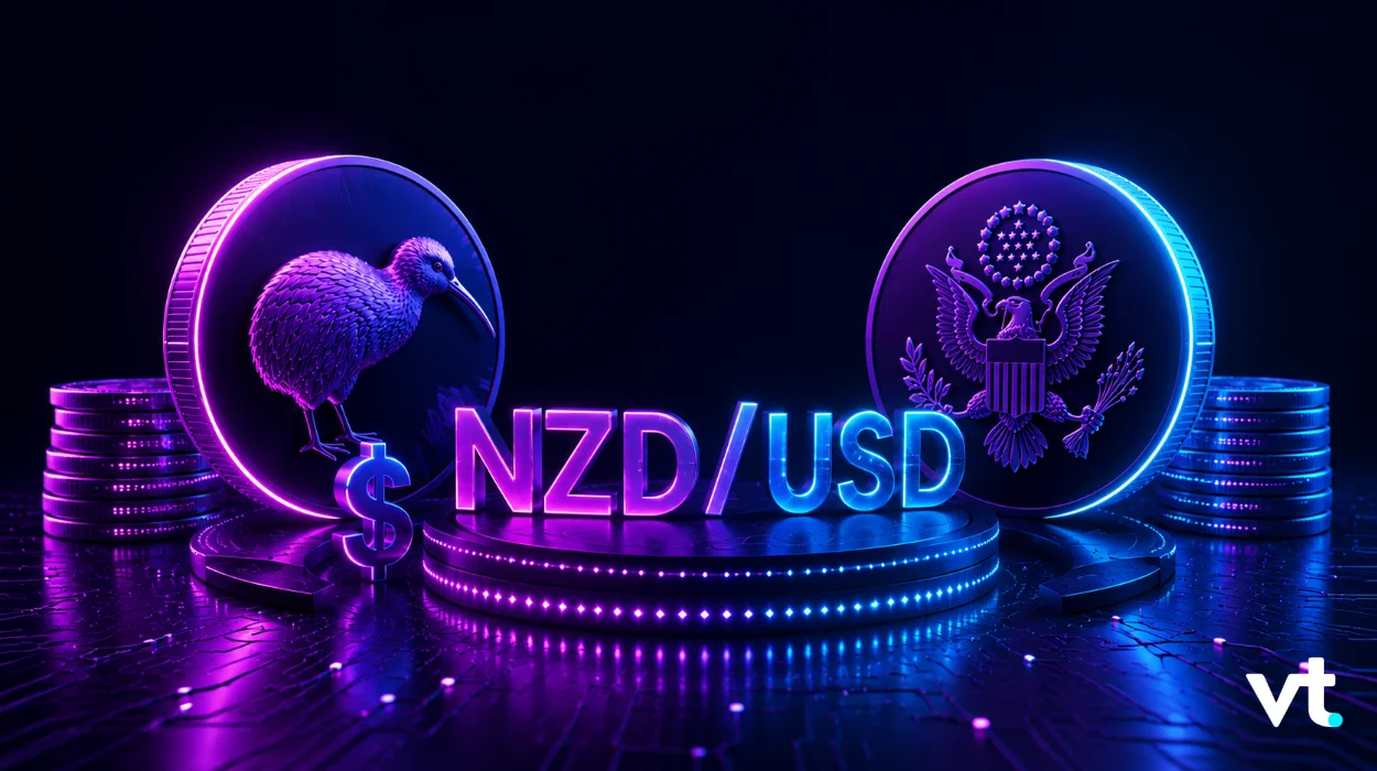 NZDUSD VT Markets Neon illustration of NZDUSD exchange with a kiwi on the left coin and the US seal on the right glowing platform and VT logo