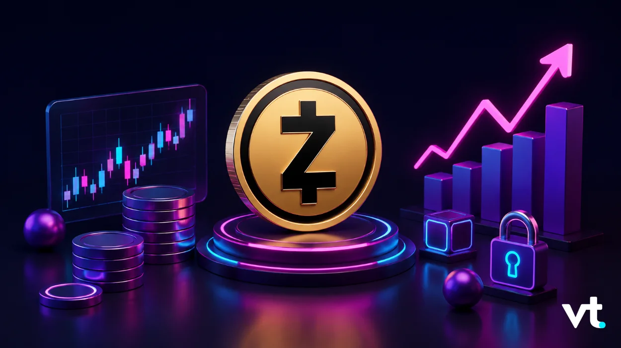 ZCash VT Markets Gold coin with a Z symbol on a glowing pedestal surrounded by stacked coins a neon rising chart and a padlock to convey crypto security